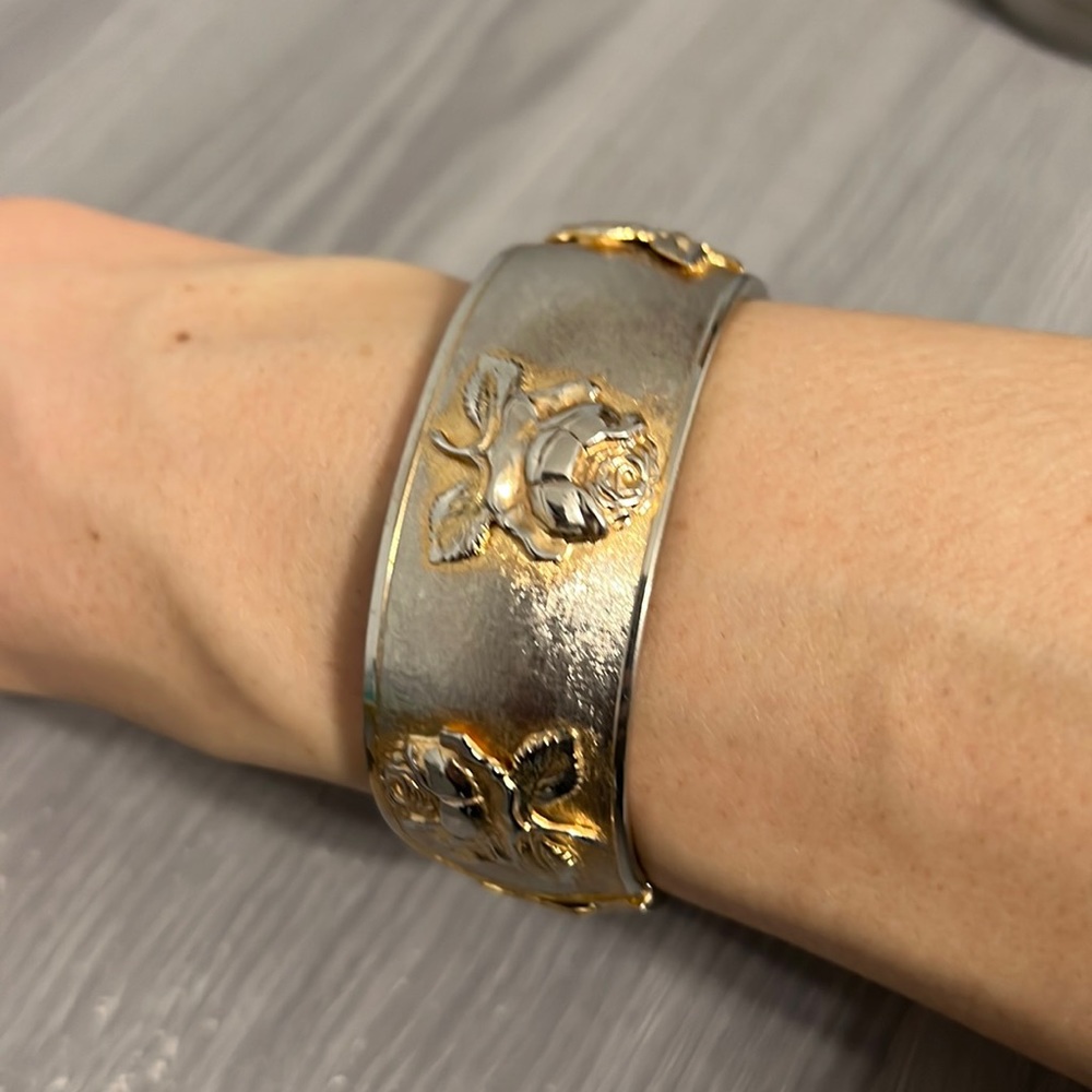Vintage Gold & Silver Rose Hinge Bangle Bracelet